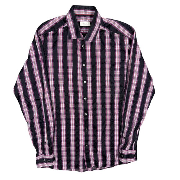 Eton Contemporary Dress Shirt Black & Pink Plaid Pattern 43 17 XL - Picture 1 of 8
